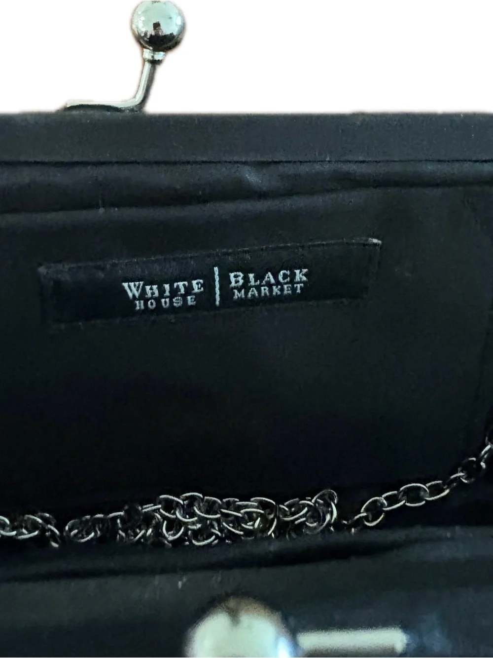 White House Black Market Black Satin Ruffle Clutch Evening Bag, Silver Chain